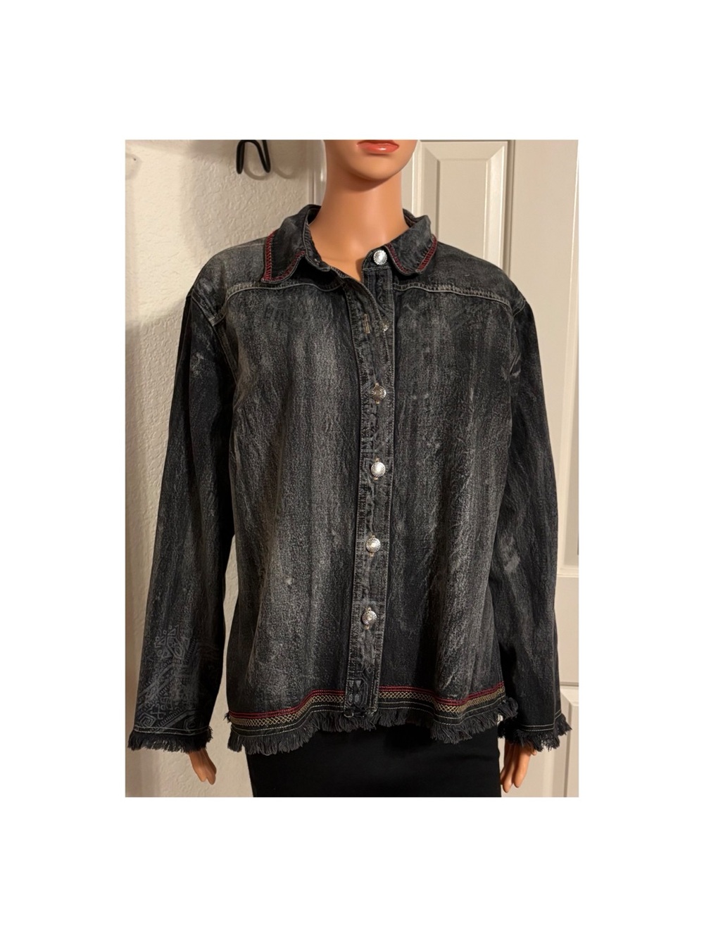 Chico's Black Washed Button-Down Shirt Jacket with Red Trim